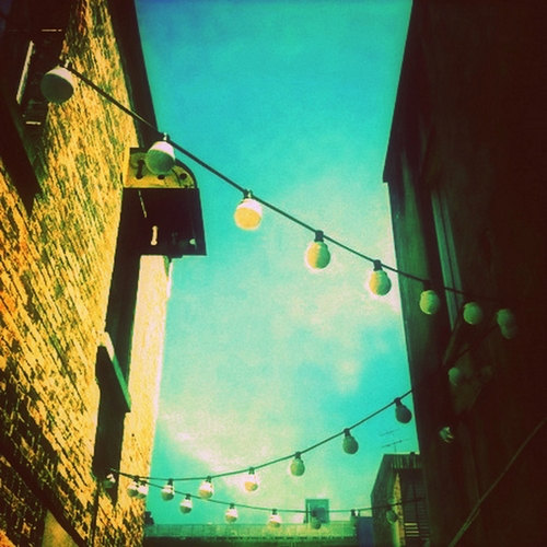 Valley Laneway Photograph 5x5 Whimsical Lights, City Architecture, Brown Buildings, Turquoise, Urban Photography Print