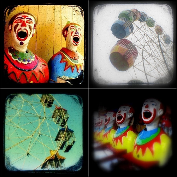 Carnival Photo Set Of Four 5x5 Ttv Photography Prints - Clowns, Ferris Wheels, Nursery Decor, Vintage Style Photographs